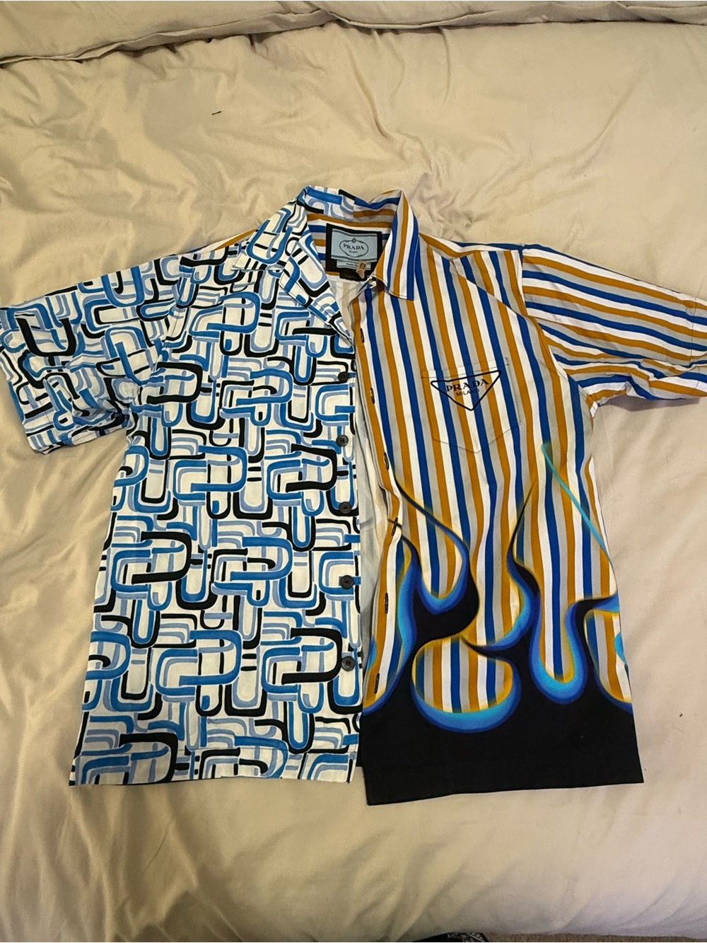 Prada Blue, Yellow & Black Mixed-Pattern Short-Sleeve Shirt